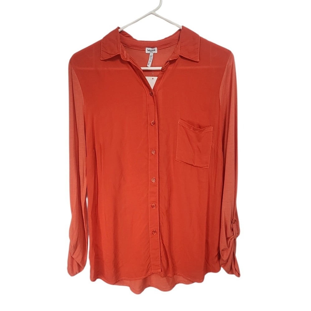NWT Splendid Coral Button Down Shirt Sheer Sleeve Casual Top Women's Small